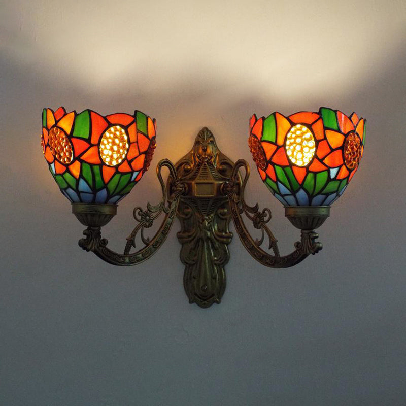 Stained Glass Sunflower Sconce Lighting Lodge Tiffany 2 Lights Wall Light in Green/Beige for Living Room Green Clearhalo 'Industrial' 'Middle century wall lights' 'Tiffany wall lights' 'Tiffany' 'Wall Lamps & Sconces' 'Wall Lights' Lighting' 175110