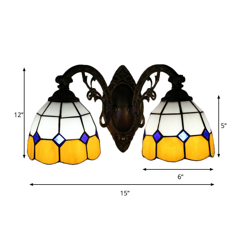 Curved Arm Wall Mount Light with Amber Glass Bowl Shade 2 Heads Vintage Wall Light in Yellow Clearhalo 'Industrial' 'Middle century wall lights' 'Tiffany wall lights' 'Tiffany' 'Wall Lamps & Sconces' 'Wall Lights' Lighting' 175130