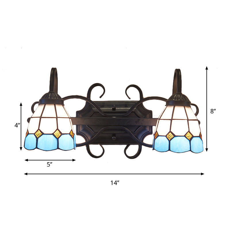 Mediterranean Dome Vanity Lighting Stained Glass 2 Heads Wall Sconce Light for Bathroom Clearhalo 'Industrial' 'Middle century wall lights' 'Tiffany wall lights' 'Tiffany' 'Wall Lamps & Sconces' 'Wall Lights' Lighting' 175334