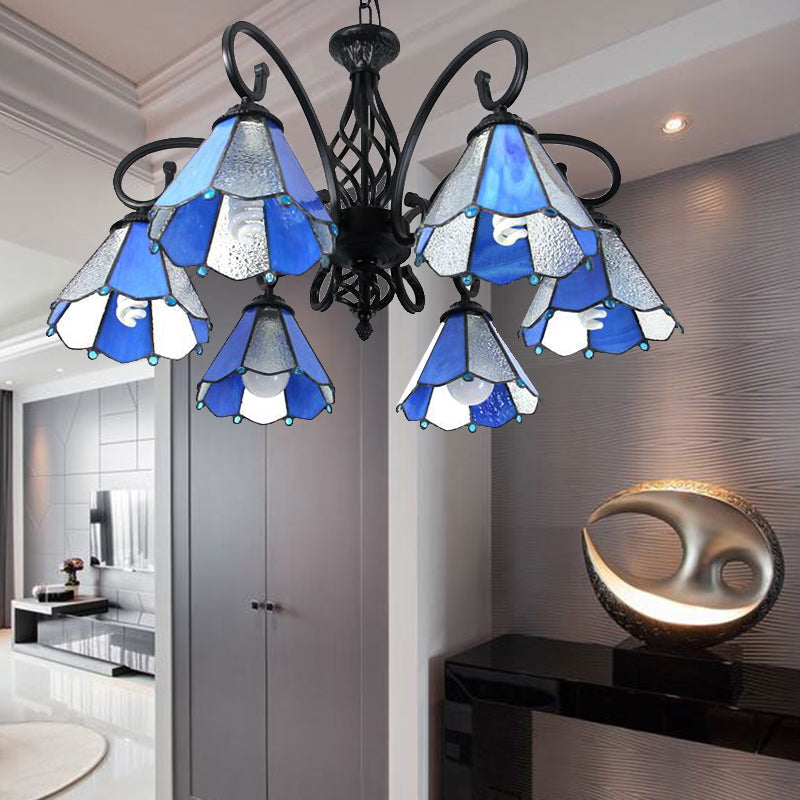 Glass Shade Conical Hanging Lighting Tiffany Style 6 Lights Pendant Lighting in Green/Blue for Foyer Blue Clearhalo 'Ceiling Lights' 'Chandeliers' 'Industrial' 'Middle Century Chandeliers' 'Tiffany Chandeliers' 'Tiffany close to ceiling' 'Tiffany' Lighting' 175623