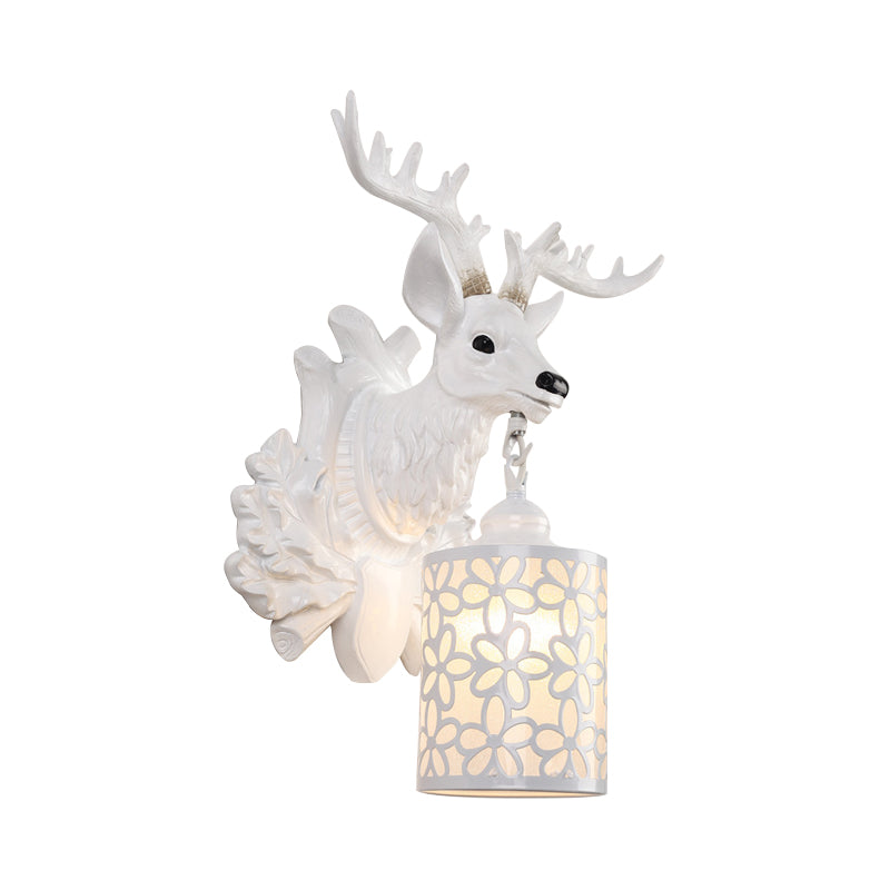 Brown/White 1 Head Wall Lamp Kit Rustic Resin Sika Deer Sconce Lighting with Flower Patterned Cylindrical Glass Shade Clearhalo 'Wall Lamps & Sconces' 'Wall Lights' Lighting' 1756371