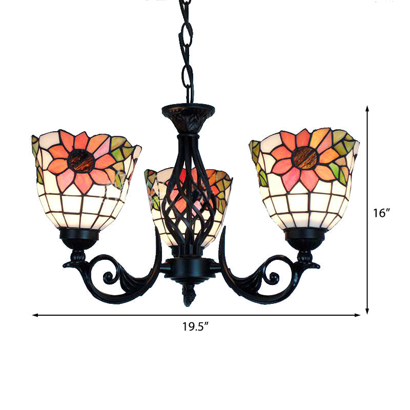 Sunflower Ceiling Chandelier Lodge Rustic 3 Lights Stained Glass Pendant Lighting in Black Finish Clearhalo 'Ceiling Lights' 'Chandeliers' 'Industrial' 'Middle Century Chandeliers' 'Tiffany Chandeliers' 'Tiffany close to ceiling' 'Tiffany' Lighting' 175652