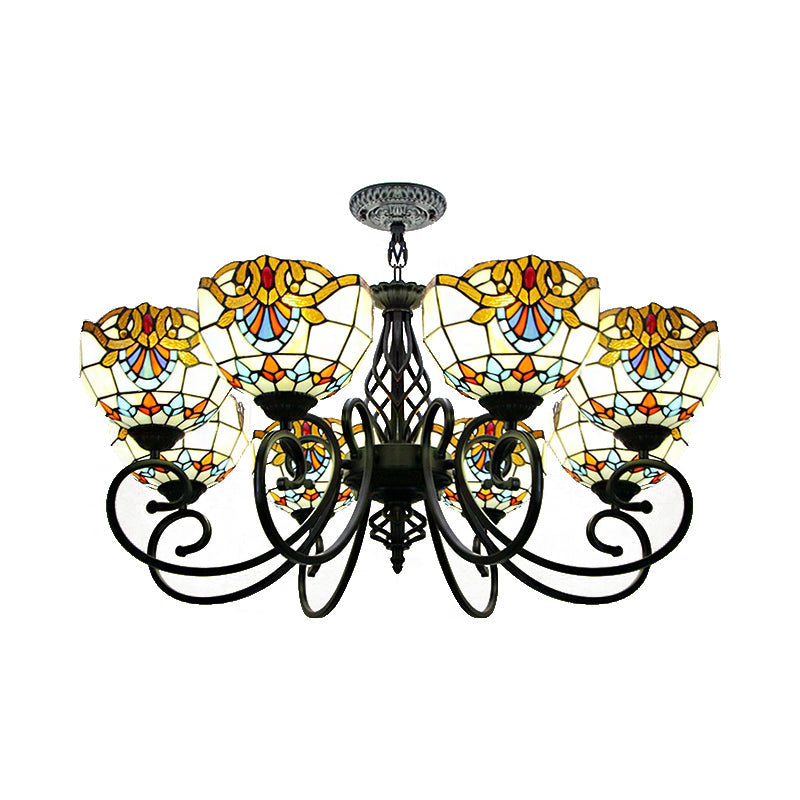 Baroque Chandelier Light with Bowl Shade Blue/Brown Glass Hanging Ceiling Light in Black Finish for Foyer Clearhalo 'Ceiling Lights' 'Chandeliers' 'Industrial' 'Middle Century Chandeliers' 'Tiffany Chandeliers' 'Tiffany close to ceiling' 'Tiffany' Lighting' 175704