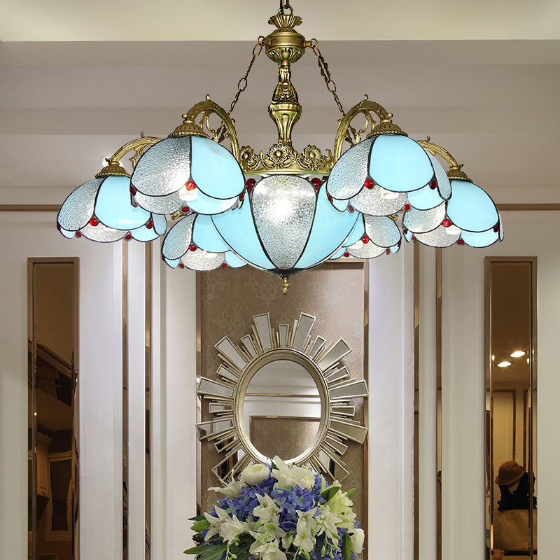 Vintage Petal Chandelier Stained Glass Indoor Ceiling Pendant Light in Blue for Living Room Blue Clearhalo 'Ceiling Lights' 'Chandeliers' 'Industrial' 'Middle Century Chandeliers' 'Tiffany Chandeliers' 'Tiffany close to ceiling' 'Tiffany' Lighting' 175709