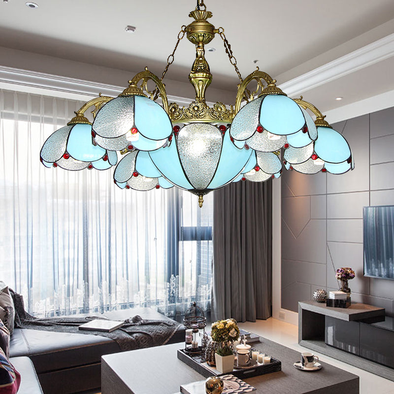 Vintage Petal Chandelier Stained Glass Indoor Ceiling Pendant Light in Blue for Living Room Clearhalo 'Ceiling Lights' 'Chandeliers' 'Industrial' 'Middle Century Chandeliers' 'Tiffany Chandeliers' 'Tiffany close to ceiling' 'Tiffany' Lighting' 175710