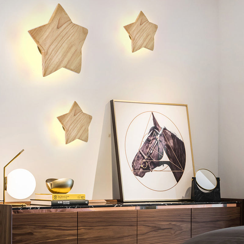 Wood Star Wall Sconce Modern Nordic Sconce Light in Beige for Child Bedroom Hallway Wood Clearhalo 'Wall Lamps & Sconces' 'Wall Lights' Lighting' 175865