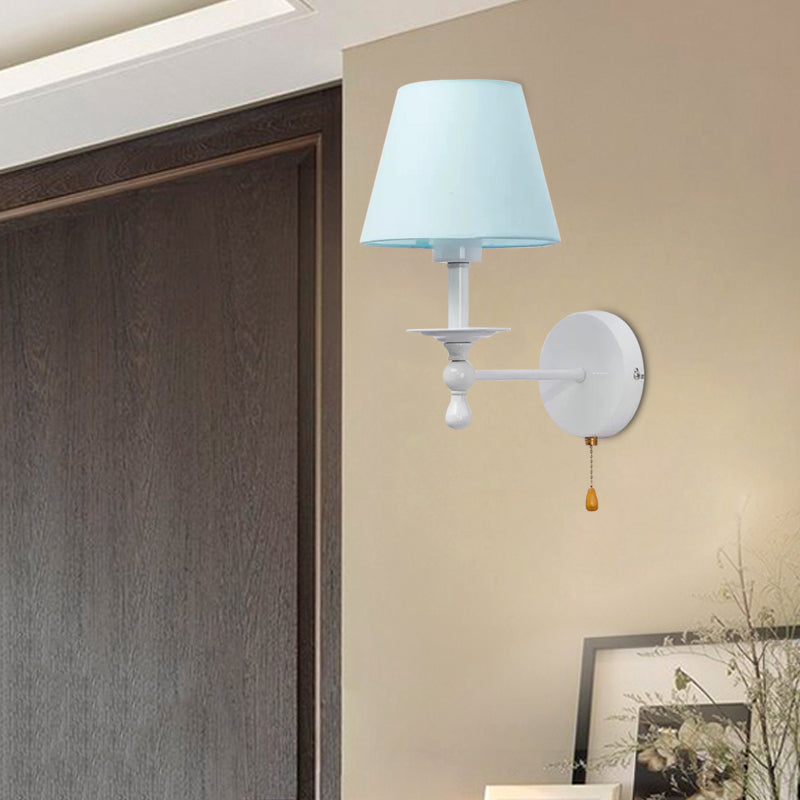 Fabric Tapered Shade Wall Light with Pull Chain Dining Room One Light Modern Sconce Light in Blue Clearhalo 'Wall Lamps & Sconces' 'Wall Lights' Lighting' 175872