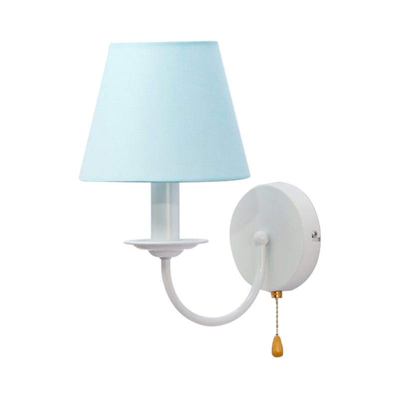 Fabric Tapered Shade Wall Light with Pull Chain Dining Room One Light Modern Sconce Light in Blue Clearhalo 'Wall Lamps & Sconces' 'Wall Lights' Lighting' 175877