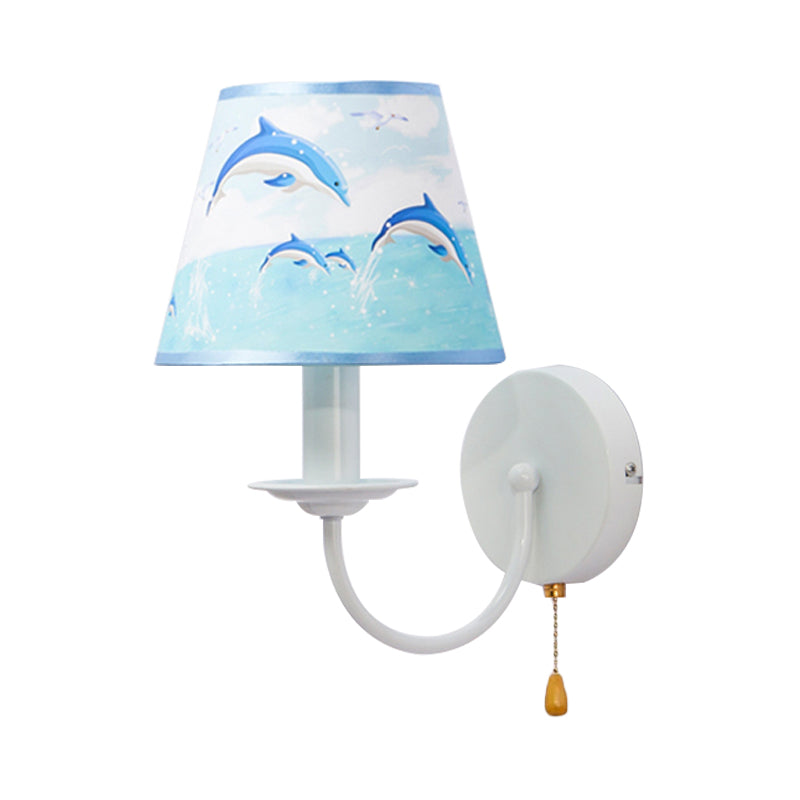 Fabric Tapered Shade Wall Light with Pull Chain Dining Room One Light Modern Sconce Light in Blue Clearhalo 'Wall Lamps & Sconces' 'Wall Lights' Lighting' 175881