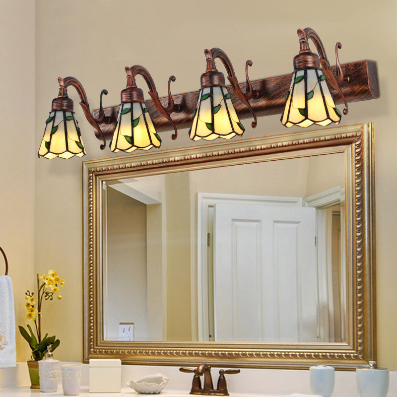 Rustic Bathroom Lighting with Leaf Pattern Stained Glass 4 Lights Wall Sconce Lamp in Copper/Antique Brass/Beige Copper Clearhalo 'Industrial' 'Middle century wall lights' 'Tiffany wall lights' 'Tiffany' 'Wall Lamps & Sconces' 'Wall Lights' Lighting' 176114