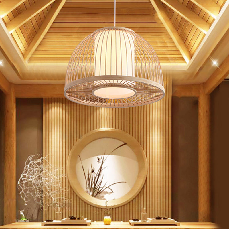 Modernism Domed Pendant Lamp Bamboo 1 Light Indoor Hanging Ceiling Light with Inner Cylinder Shade in Beige, 12