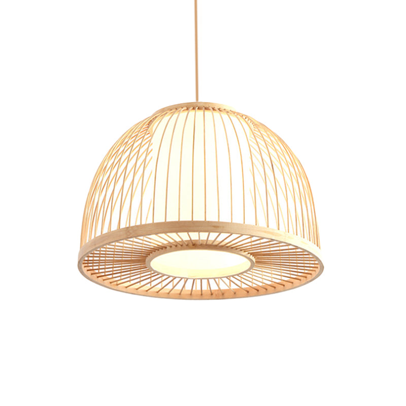 Modernism Domed Pendant Lamp Bamboo 1 Light Indoor Hanging Ceiling Light with Inner Cylinder Shade in Beige, 12