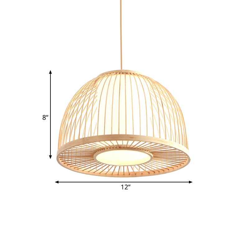 Modernism Domed Pendant Lamp Bamboo 1 Light Indoor Hanging Ceiling Light with Inner Cylinder Shade in Beige, 12