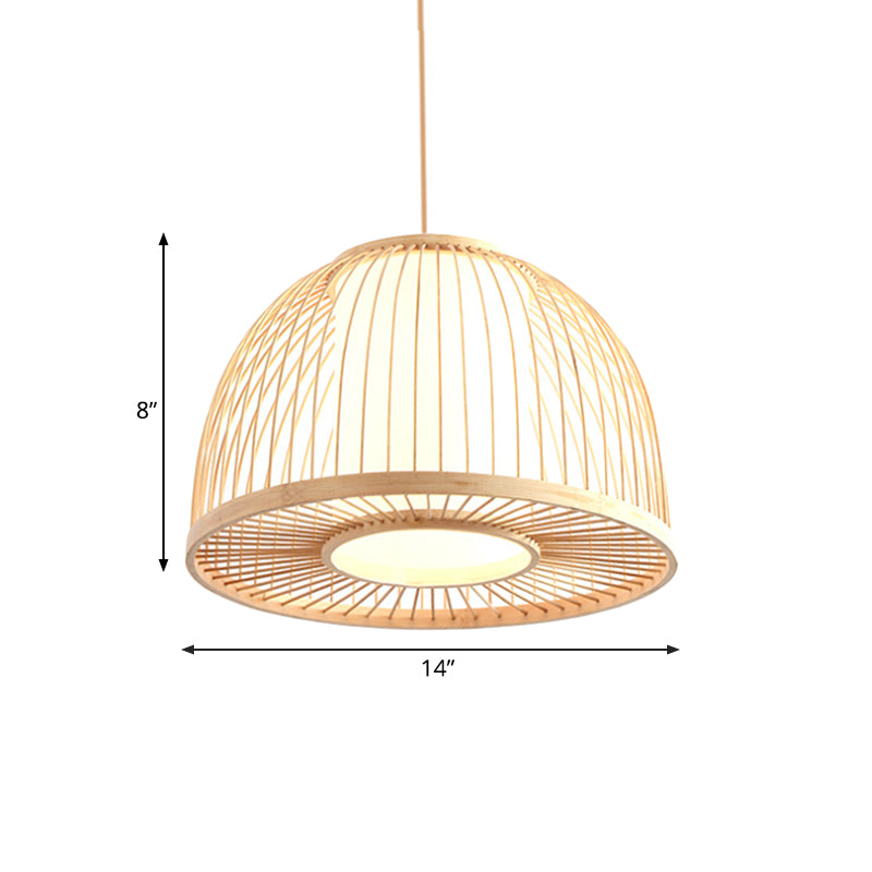 Modernism Domed Pendant Lamp Bamboo 1 Light Indoor Hanging Ceiling Light with Inner Cylinder Shade in Beige, 12