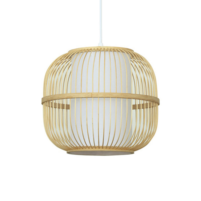 Beige Oblong Ceiling Fixture Contemporary Style 1-Light Bamboo Pendant Lamp with Inner Cylindrical Shade Clearhalo 'Ceiling Lights' 'Pendant Lights' 'Pendants' Lighting' 176437