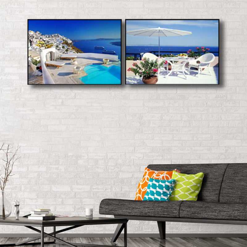 Terrace with Sea View Canvas Bedroom Photo Seascape Wall Art Print in Blue, Set of 2 Blue Clearhalo 'Art Gallery' 'Canvas Art' 'Contemporary Art Gallery' 'Modern' Arts' 1766015