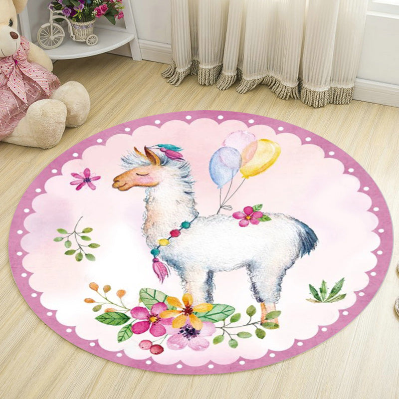 Kids Deer Pattern Rug with Flower White and Blue Polyester Rug Non-Slip Backing Washable Pet Friendly Carpet for Bedroom Pink Clearhalo 'Area Rug' 'Rug' 1767255