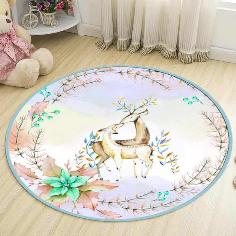 Kids Deer Pattern Rug with Flower White and Blue Polyester Rug Non-Slip Backing Washable Pet Friendly Carpet for Bedroom Green Clearhalo 'Area Rug' 'Rug' 1767256