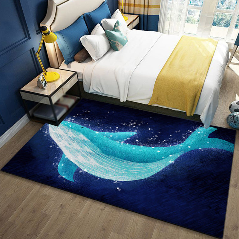 Kids Ocean Pattern Rug with Fish Blue Polyester Rug Non-Slip Backing Washable Pet Friendly Carpet for Bedroom Blue Clearhalo 'Area Rug' 'Rug' 1767319