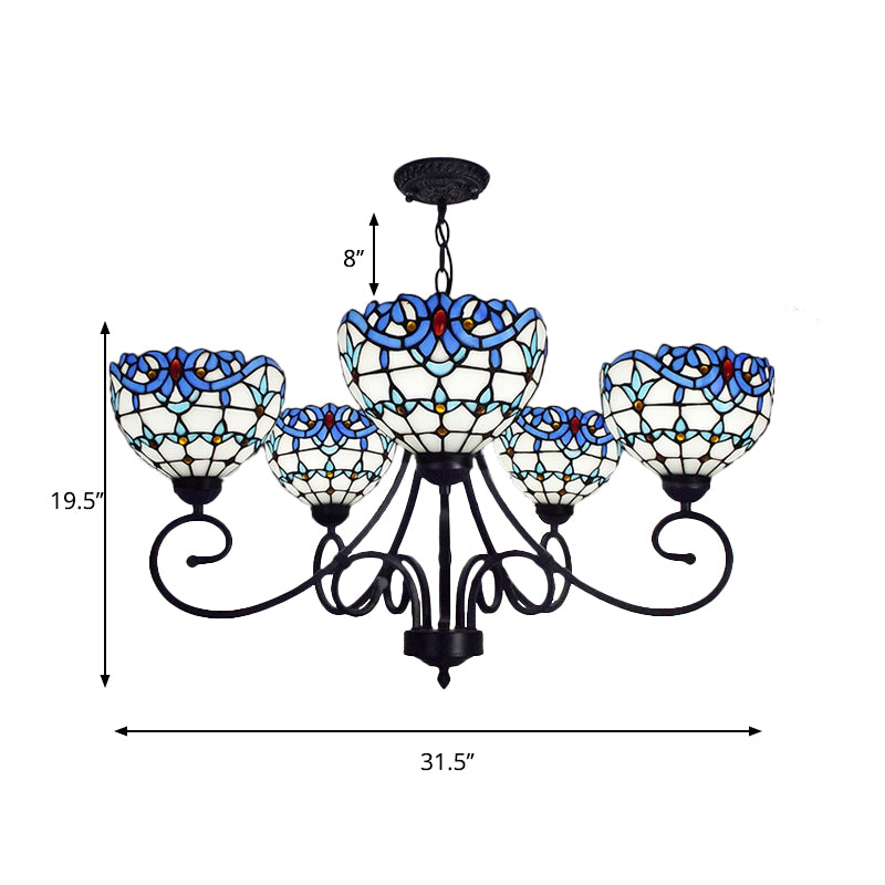 Victorian Bowl Pendant Light 5 Lights Stained Glass Indoor Chandelier in Blue for Foyer Clearhalo 'Ceiling Lights' 'Chandeliers' 'Industrial' 'Middle Century Chandeliers' 'Tiffany Chandeliers' 'Tiffany close to ceiling' 'Tiffany' Lighting' 177084