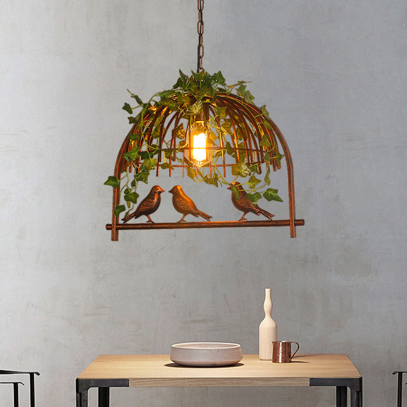 Vintage Birdcage Hanging Pendant 1 Light Metallic Suspension Lamp in Rust with PVC Plant Deco Clearhalo 'Ceiling Lights' 'Pendant Lights' 'Pendants' Lighting' 1771138