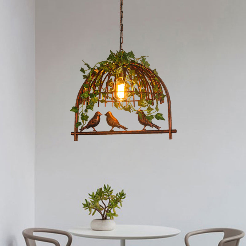 Vintage Birdcage Hanging Pendant 1 Light Metallic Suspension Lamp in Rust with PVC Plant Deco Clearhalo 'Ceiling Lights' 'Pendant Lights' 'Pendants' Lighting' 1771139