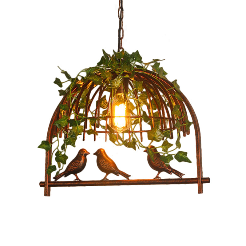 Vintage Birdcage Hanging Pendant 1 Light Metallic Suspension Lamp in Rust with PVC Plant Deco Clearhalo 'Ceiling Lights' 'Pendant Lights' 'Pendants' Lighting' 1771140