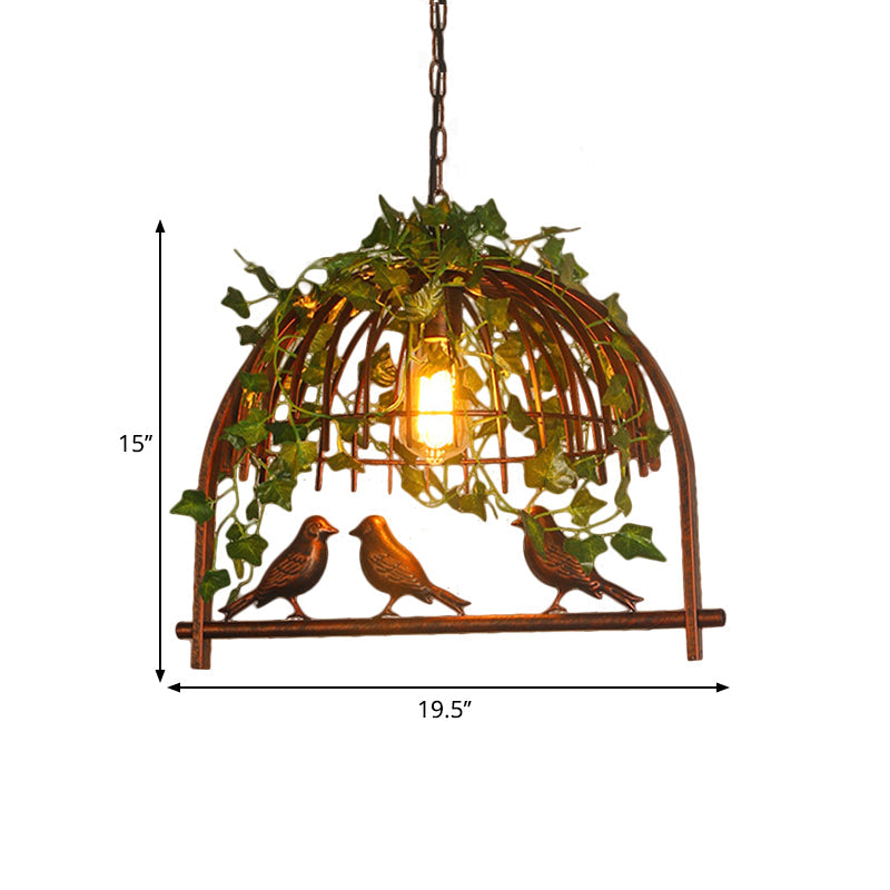 Vintage Birdcage Hanging Pendant 1 Light Metallic Suspension Lamp in Rust with PVC Plant Deco Clearhalo 'Ceiling Lights' 'Pendant Lights' 'Pendants' Lighting' 1771141