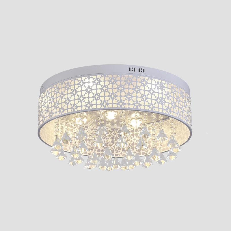 White Drum Flush Ceiling Light Modernity LED Metal Lighting Fixture with Crystal Droplet Clearhalo 'Ceiling Lights' 'Close To Ceiling Lights' 'Close to ceiling' 'Flush mount' Lighting' 1771418