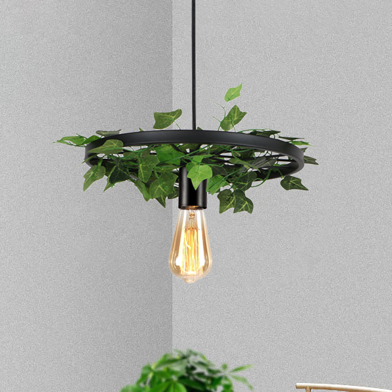 Metal Black Hanging Light Kit Wheel 1 Head Industrial Ceiling Pendant with Plant Deco Clearhalo 'Ceiling Lights' 'Pendant Lights' 'Pendants' Lighting' 1771428