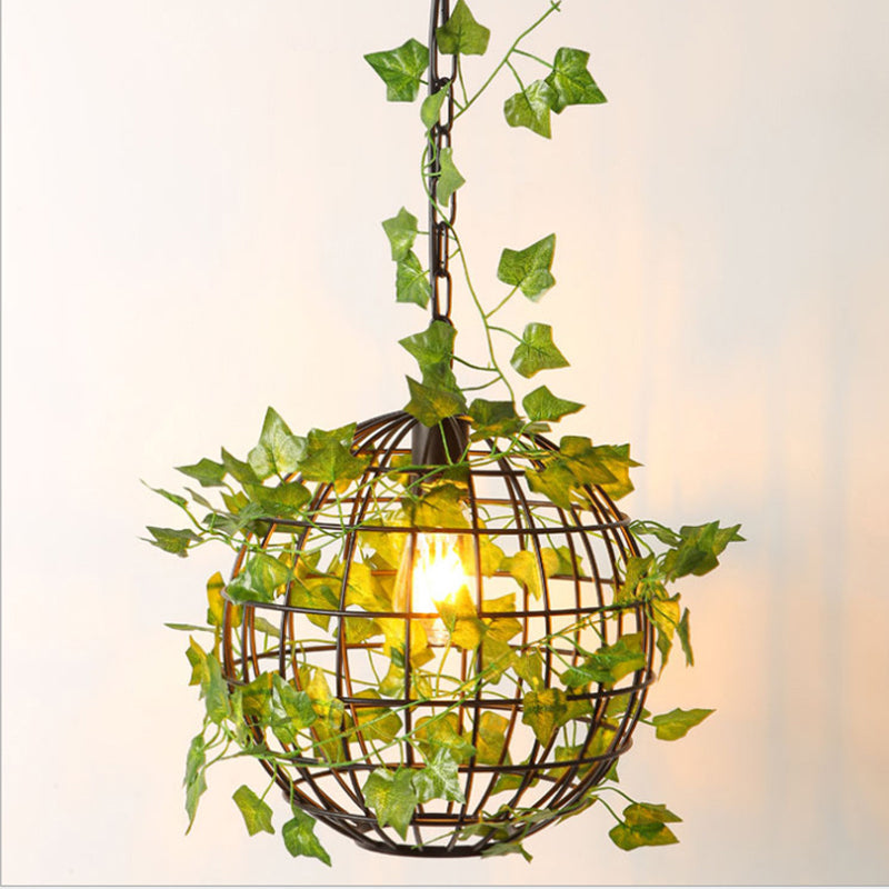 Orb Cage Metal Ceiling Light Antiqued 1 Head Dining Room Pendant Lamp in Black with Artificial Leaf Deco Clearhalo 'Ceiling Lights' 'Pendant Lights' 'Pendants' Lighting' 1771687