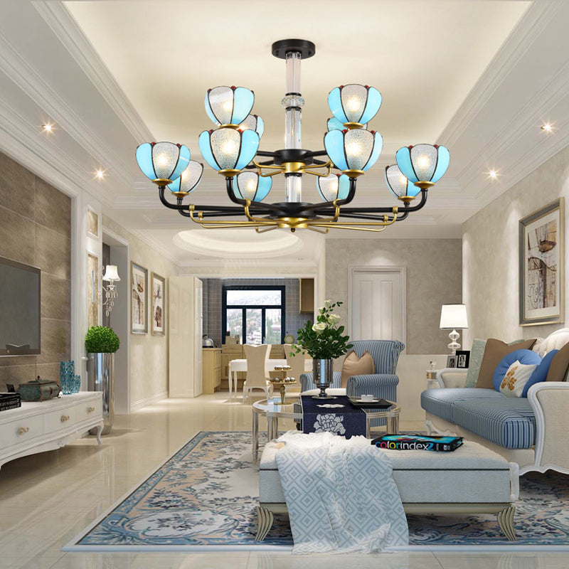 Multi Light Scalloped Chandelier with Blue Glass and Jewelry Vintage Pendant Light for Living Room Blue Clearhalo 'Ceiling Lights' 'Chandeliers' 'Industrial' 'Middle Century Chandeliers' 'Tiffany Chandeliers' 'Tiffany close to ceiling' 'Tiffany' Lighting' 177201