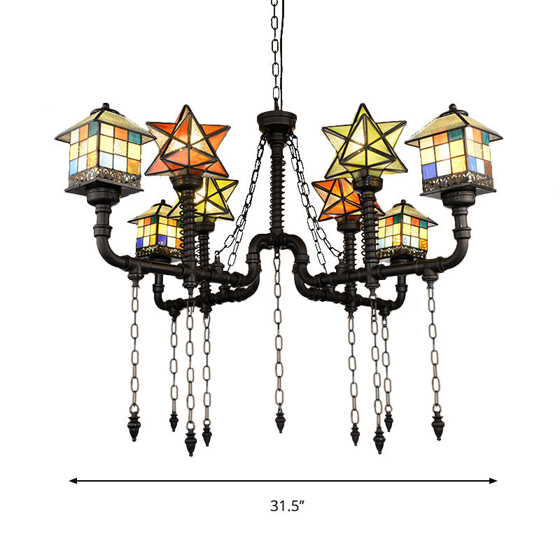 Stained Glass Chandelier with House and Star Rustic Antique Hanging Ceiling Light for Living Room Clearhalo 'Ceiling Lights' 'Chandeliers' 'Industrial' 'Middle Century Chandeliers' 'Tiffany Chandeliers' 'Tiffany close to ceiling' 'Tiffany' Lighting' 177283