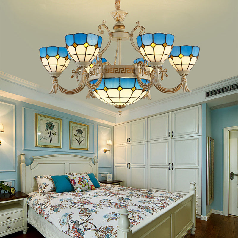 Mediterranean Domed Chandelier Lighting 6/8 Lights Stained Glass Ceiling Lamp Blue for Bedroom 6.0 Blue Clearhalo 'Ceiling Lights' 'Chandeliers' 'Industrial' 'Middle Century Chandeliers' 'Tiffany Chandeliers' 'Tiffany close to ceiling' 'Tiffany' Lighting' 177376