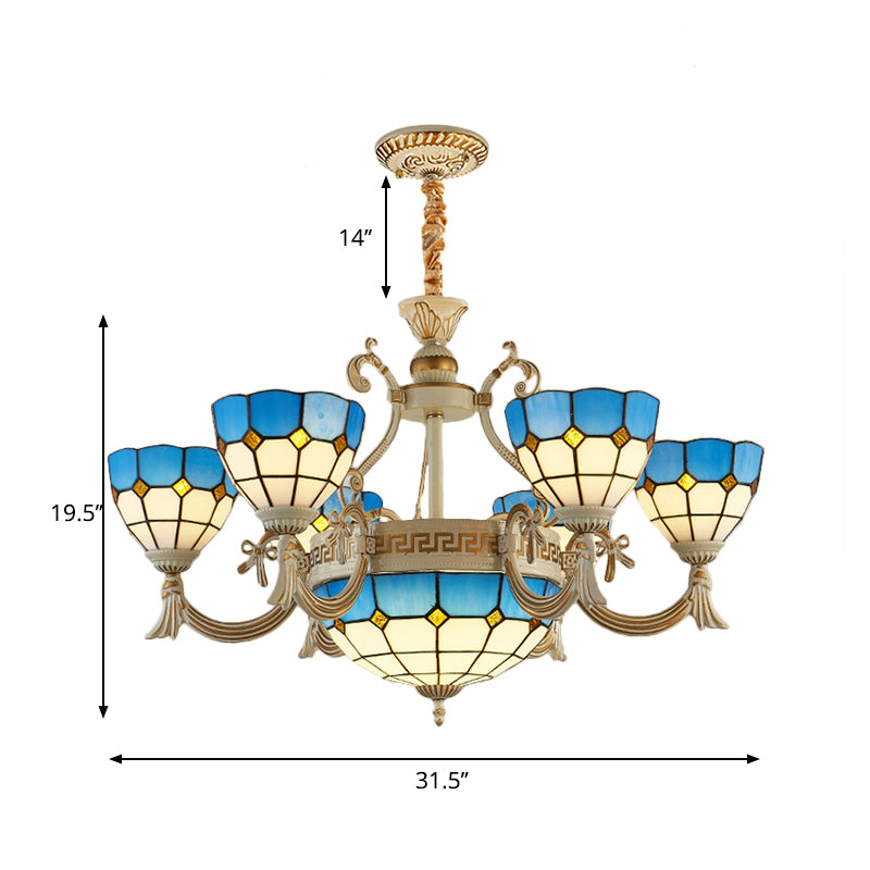 Mediterranean Domed Chandelier Lighting 6/8 Lights Stained Glass Ceiling Lamp Blue for Bedroom Clearhalo 'Ceiling Lights' 'Chandeliers' 'Industrial' 'Middle Century Chandeliers' 'Tiffany Chandeliers' 'Tiffany close to ceiling' 'Tiffany' Lighting' 177379