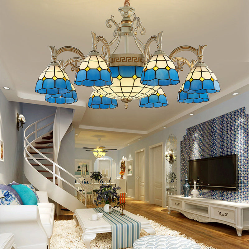 Mediterranean Domed Chandelier Lighting 6/8 Lights Stained Glass Ceiling Lamp Blue for Bedroom 8.0 Blue Clearhalo 'Ceiling Lights' 'Chandeliers' 'Industrial' 'Middle Century Chandeliers' 'Tiffany Chandeliers' 'Tiffany close to ceiling' 'Tiffany' Lighting' 177380