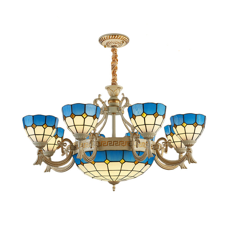 Mediterranean Domed Chandelier Lighting 6/8 Lights Stained Glass Ceiling Lamp Blue for Bedroom Clearhalo 'Ceiling Lights' 'Chandeliers' 'Industrial' 'Middle Century Chandeliers' 'Tiffany Chandeliers' 'Tiffany close to ceiling' 'Tiffany' Lighting' 177382