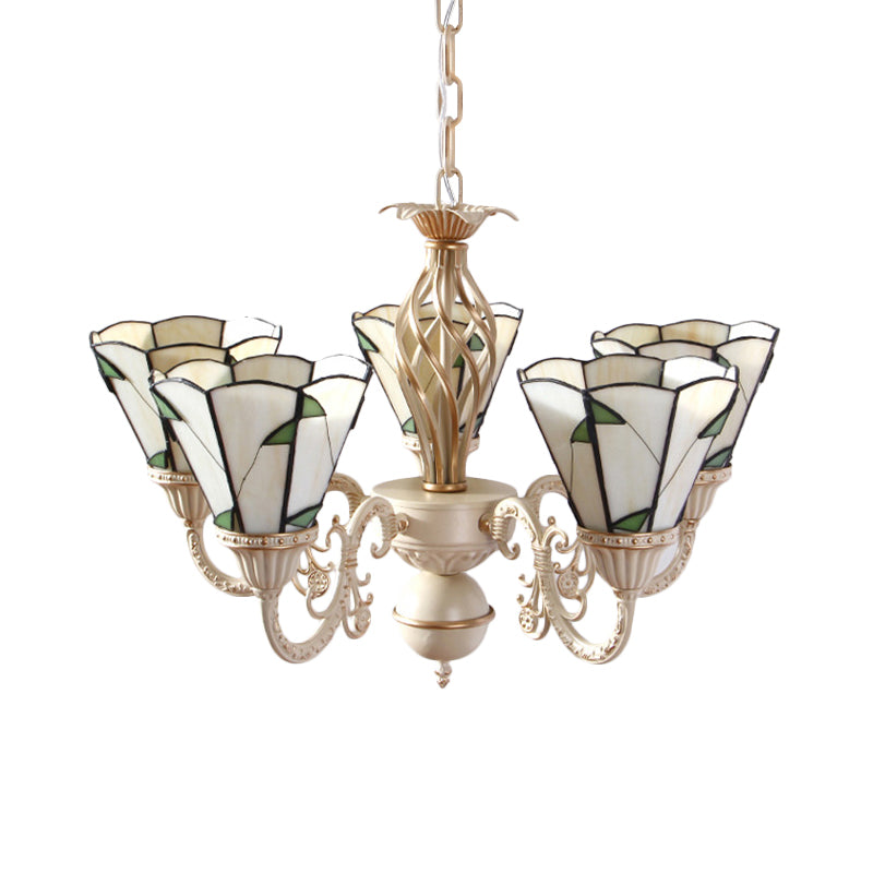 Green Leaf Chandelier Light with Beige Glass 5 Lights Rustic Hanging Ceiling Light for Hall Clearhalo 'Ceiling Lights' 'Chandeliers' 'Industrial' 'Middle Century Chandeliers' 'Tiffany Chandeliers' 'Tiffany close to ceiling' 'Tiffany' Lighting' 177407