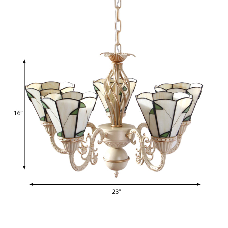 Green Leaf Chandelier Light with Beige Glass 5 Lights Rustic Hanging Ceiling Light for Hall Clearhalo 'Ceiling Lights' 'Chandeliers' 'Industrial' 'Middle Century Chandeliers' 'Tiffany Chandeliers' 'Tiffany close to ceiling' 'Tiffany' Lighting' 177408