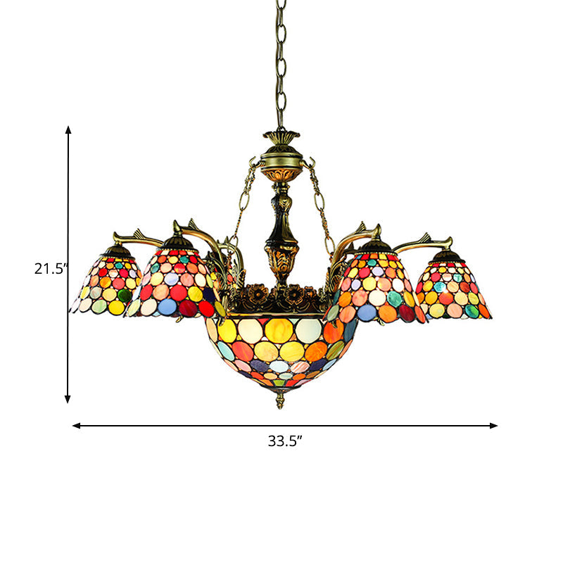 Tiffany Flared Chandelier 11-Light Stained Glass Hanging Ceiling Light in Antique Bronze with Geometric/Dragonfly/Sunflower Pattern Clearhalo 'Ceiling Lights' 'Chandeliers' 'Industrial' 'Middle Century Chandeliers' 'Tiffany Chandeliers' 'Tiffany close to ceiling' 'Tiffany' Lighting' 177480