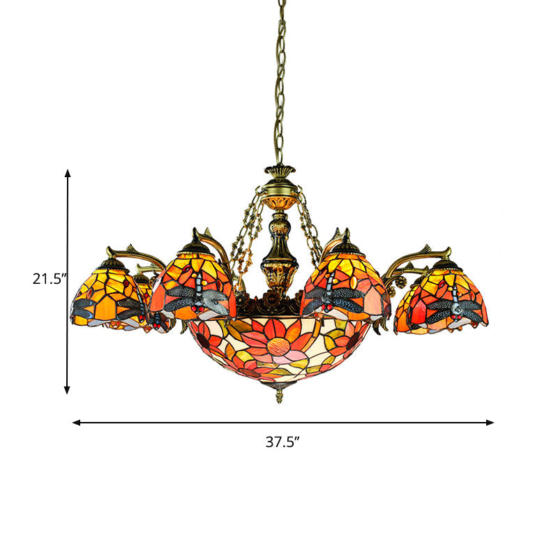 Antique Bronze Flared Hanging Light Tiffany 11 Lights Stained Glass Chandelier Lighting with Dragonfly/Geometric/Sunflower Pattern Clearhalo 'Ceiling Lights' 'Chandeliers' 'Industrial' 'Middle Century Chandeliers' 'Tiffany Chandeliers' 'Tiffany close to ceiling' 'Tiffany' Lighting' 177493