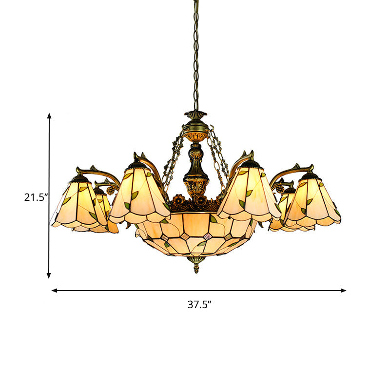 Stained Glass Conical Chandelier Light Fixture Tiffany 9/11 Lights Beige Down Lighting with Leaf Pattern Clearhalo 'Ceiling Lights' 'Chandeliers' 'Industrial' 'Middle Century Chandeliers' 'Tiffany Chandeliers' 'Tiffany close to ceiling' 'Tiffany' Lighting' 177511