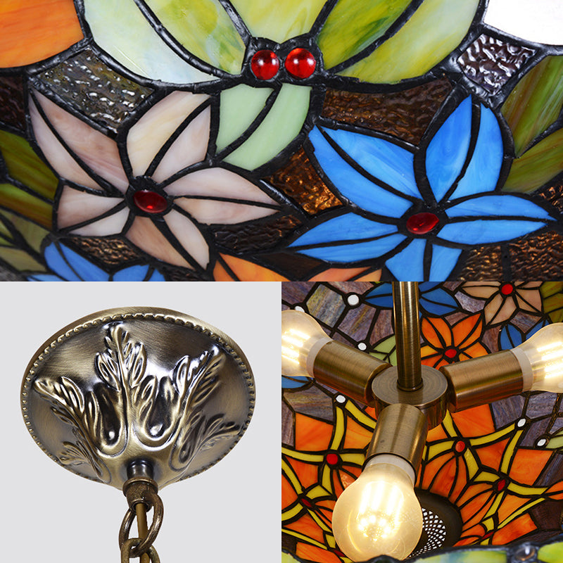 Floral Hanging Light Fixture 3 Bulbs Stained Glass Tiffany Lodge Ceiling Chandelier Light in Antique Brass Finish Clearhalo 'Ceiling Lights' 'Chandeliers' 'Industrial' 'Middle Century Chandeliers' 'Tiffany Chandeliers' 'Tiffany close to ceiling' 'Tiffany' Lighting' 177521