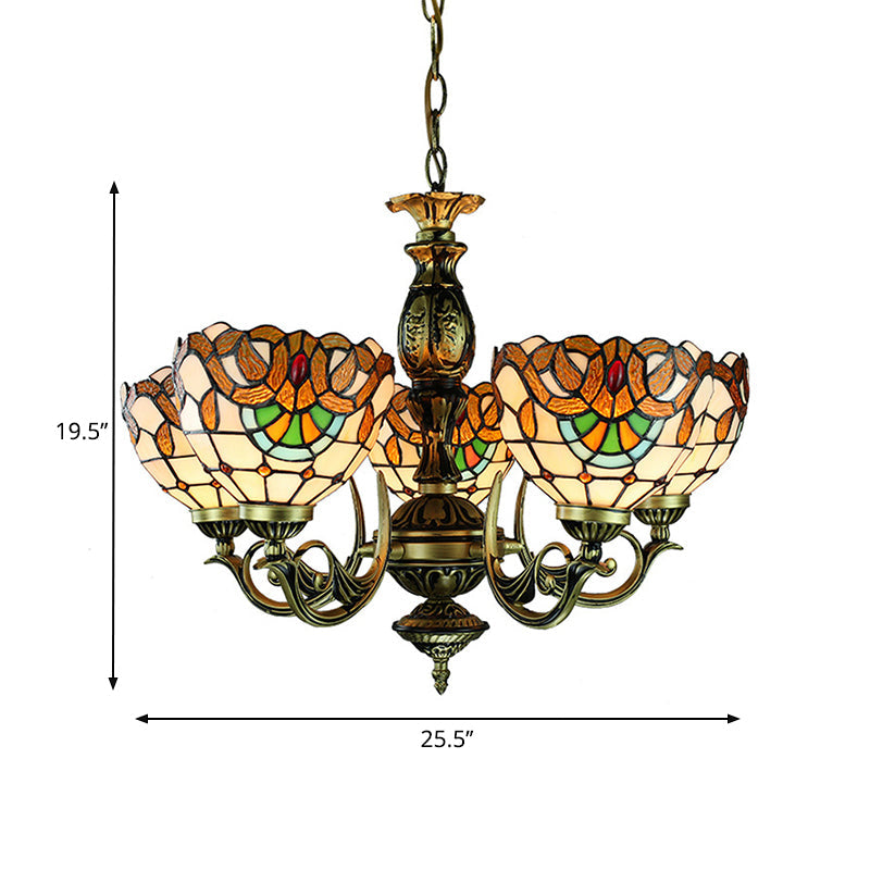 5 Lights Bowl Ceiling Pendant Victorian Height Adjustable Stained Glass Hanging Chandelier Clearhalo 'Ceiling Lights' 'Chandeliers' 'Industrial' 'Middle Century Chandeliers' 'Tiffany Chandeliers' 'Tiffany close to ceiling' 'Tiffany' Lighting' 177615