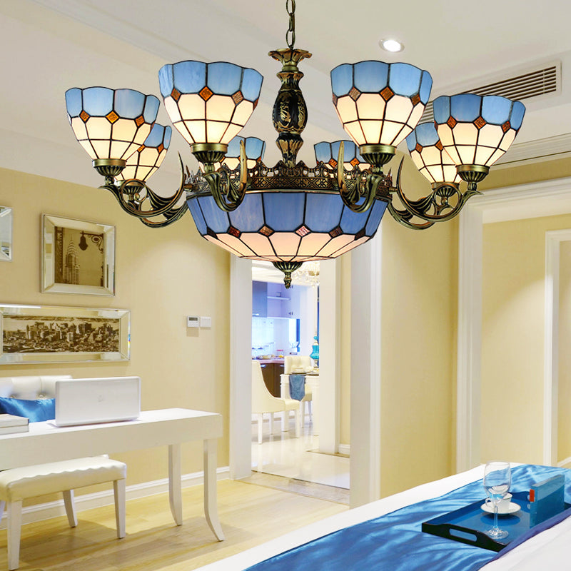 Bowl Shaped Chandelier Lighting Mediterranean Cut Glass 11 Lights Blue Hanging Ceiling Light Clearhalo 'Ceiling Lights' 'Chandeliers' 'Industrial' 'Middle Century Chandeliers' 'Tiffany Chandeliers' 'Tiffany close to ceiling' 'Tiffany' Lighting' 177633