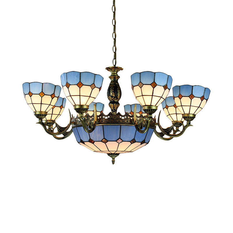 Bowl Shaped Chandelier Lighting Mediterranean Cut Glass 11 Lights Blue Hanging Ceiling Light Clearhalo 'Ceiling Lights' 'Chandeliers' 'Industrial' 'Middle Century Chandeliers' 'Tiffany Chandeliers' 'Tiffany close to ceiling' 'Tiffany' Lighting' 177634