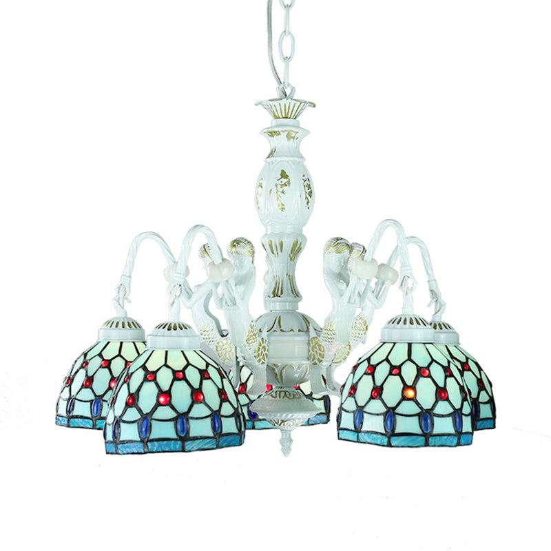 Stained Glass Mediterranean/Wire Mesh/Flower/Gem Hanging Chandelier Tiffany 5 Lights Blue Pendant Light Clearhalo 'Ceiling Lights' 'Chandeliers' 'Industrial' 'Middle Century Chandeliers' 'Tiffany Chandeliers' 'Tiffany close to ceiling' 'Tiffany' Lighting' 177666