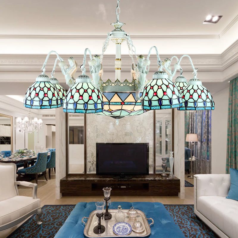 Stained Glass Wire Mesh/Mediterranean/Gem/Flower Chandelier Lamp Tiffany 11 Lights White Pendant Light White Gem Clearhalo 'Ceiling Lights' 'Chandeliers' 'Industrial' 'Middle Century Chandeliers' 'Tiffany Chandeliers' 'Tiffany close to ceiling' 'Tiffany' Lighting' 177690