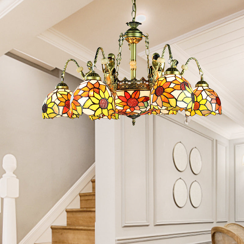 9/11 Lights Pendant Lighting Tiffany Sunflower Cut Glass Chandelier Lamp in Orange for Bedroom 9 Orange Clearhalo 'Ceiling Lights' 'Chandeliers' 'Industrial' 'Middle Century Chandeliers' 'Tiffany Chandeliers' 'Tiffany close to ceiling' 'Tiffany' Lighting' 177723