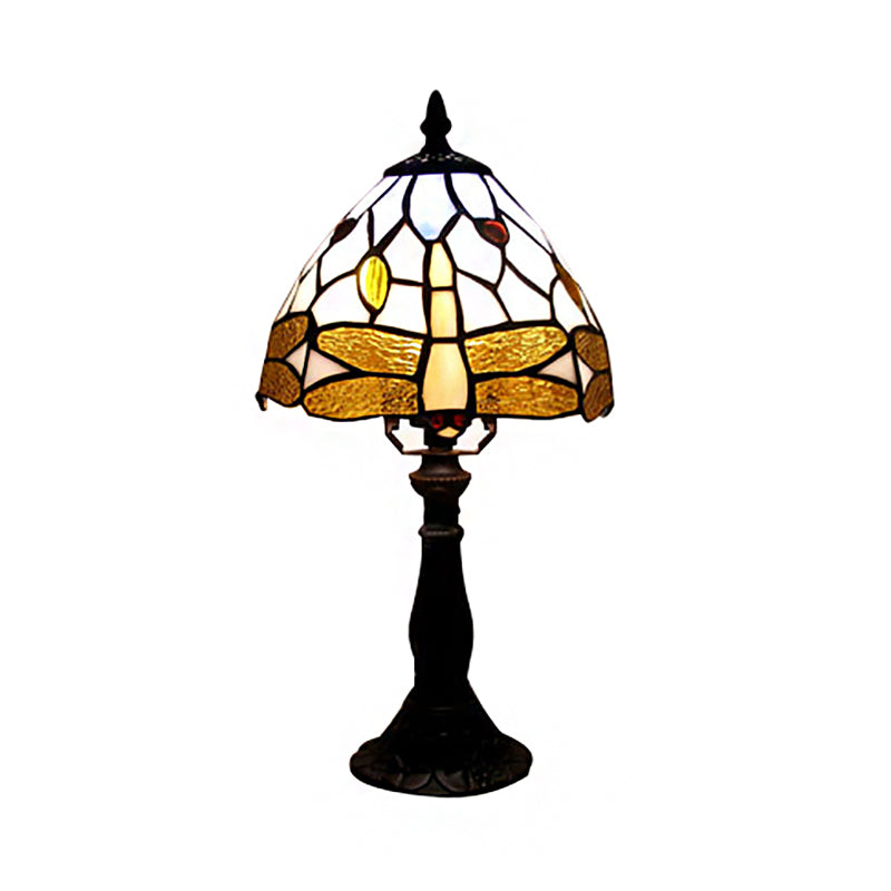 Stained Glass Umbrella Desk Light with Dragonfly Dining Room Tiffany Reading Light in Brown Clearhalo 'Lamps' 'Table Lamps' Lighting' 177759